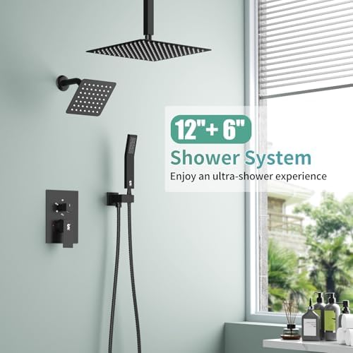 Shower Faucet Set Shower System - SR SUN RISE Matte Black Shower Trim Kit with Dual Shower Head, 12'' Ceiling Rainfall 6'' Wall Mount with Handheld Shower for Couples, Complete 6 Diverter Valve