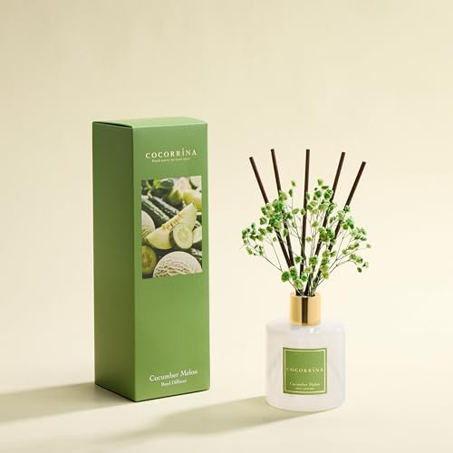 COCORRÍNA Reed Diffuser - Cucumber Melon 6.7 fl oz Reed Diffuser with Sticks, Bedroom Bathroom Shelf Decor