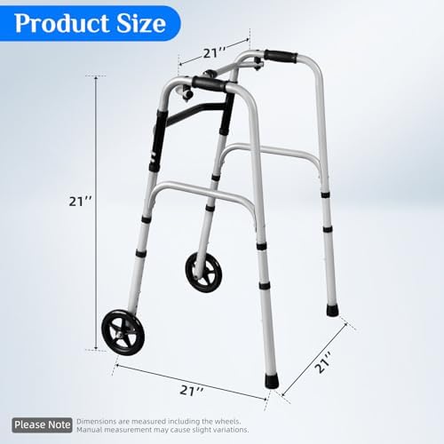 Folding Walker for Seniors - Lightweight Walker with Wheels, 8-Level Height Adjustable Elderly Walkers, Narrow Walkers for Elderly, Silver
