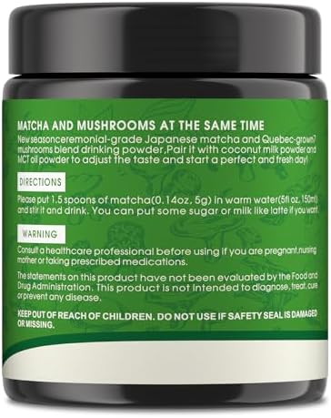 Mushroom Matcha Powder, Japanese Ceremonial Matcha Infused With 7 Superfood Mushrooms, MCT Oil, Coconut Milk Powder, Natural, Gluten Free, Taste Great Matcha Latter 8 Oz(45 Servings)