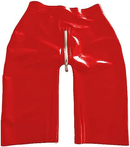Latex 100% Rubber Red Ladies Shorts Four Corners Sexy Zipper Decoration,Red,Medium