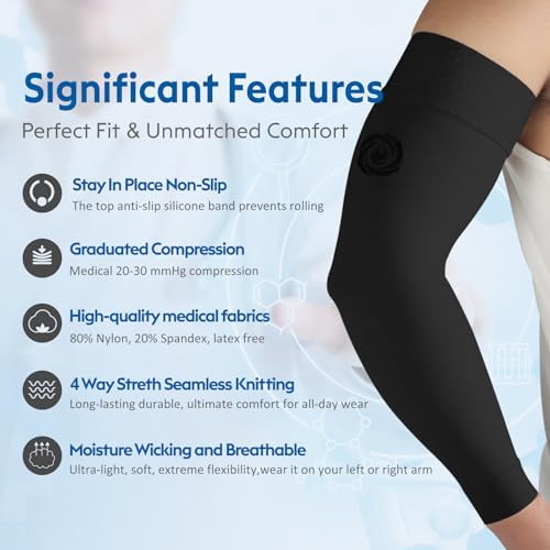 NURCOM® Medical Compression Arm Sleeve for Men Women, 20-30 mmHg with Silicone Band for Lymphedema, Lipedema, Pain Relief, Edema, Swelling, Post Surgery Recovery, 2 Pack, Black L