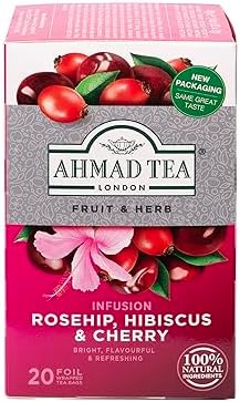 Ahmad Tea Rosehip & Cherry Infusion, 20-Count Tea Bags, Rosehip, Hibiscus & Cherry , 1.4 Oz, (Pack of 6)