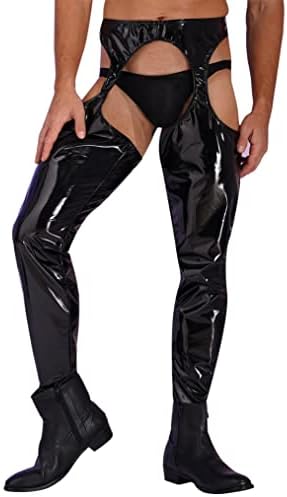 ACSUSS Mens Wet Look Leather Pants Tight Trousers Cutout Skinny Long Legging Pants Clubwear