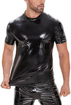 Men Shiny Leather T-Shirt, Wetlook, Short Sleeve, Glossy Latex Coat for Male