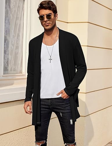 COOFANDY Men's Ruffle Shawl Collar Cardigan Open Front Lightweight Long Length Drape Cape Overcoat with Pockets