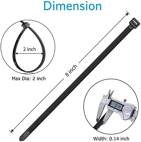 Zip Ties 8 inch (100 Pack), 40lbs Tensile Strength, Black Cable Ties, Wire Ties for indoor and outdoor use, by Skalon