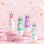YUNCHI Toddler Electric Toothbrush Kids 0-3-6 Years, Baby Electric Toothbrush with Colorful LED Light, Battery Powered Toddler Toothbrush with 2 Minutes Timer 4 Brush Heads, Infant Toothbrush (Pink)