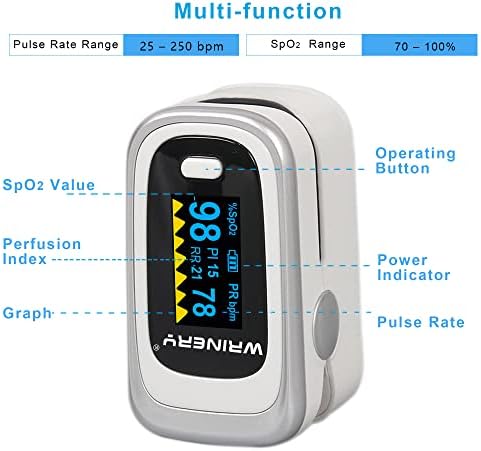 WRINERY Oxygen Saturation Monitor, Pulse Oximeter Fingertip, Oxygen Monitor, O2 Saturation Monitor, OLED Portable Oximetry with Batteries, Lanyard (Silver-White)