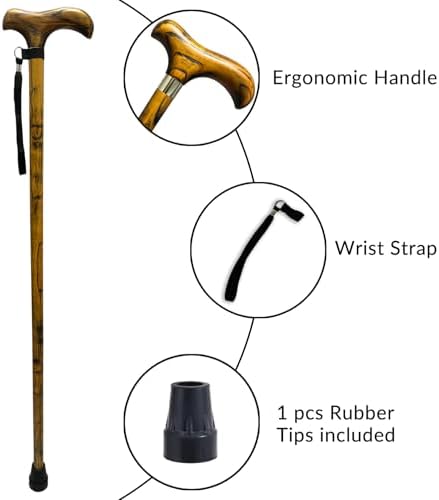 Handmade Wooden Walking Canes Stylish Hardwood Walking Sticks with Wrist Strap and Rubber Tips - 36 Inches