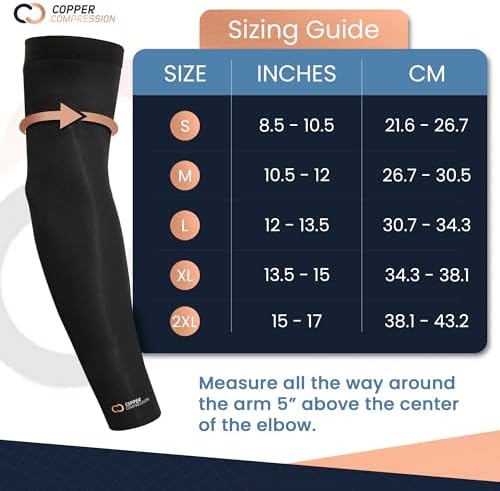Copper Compression Arm Sleeve - Copper Infused Full Arm Brace for Forearm, Bicep, Triceps - Tennis Elbow, Basketball, Golf, Arthritis, Tendonitis, Bursitis, Post Surgery Rehab - Odor Resistant - Black - M