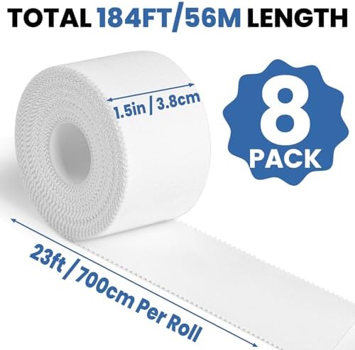 NUITPY 8 Pack Athletic Tape, White Sports Tape, Easy Tear Wrist Tape, Strong Adhesion Tapes for Boxing, Gymnastics, Hockey, Soccer, Lacrosse and First Aid(1.5in x 184ft Total)