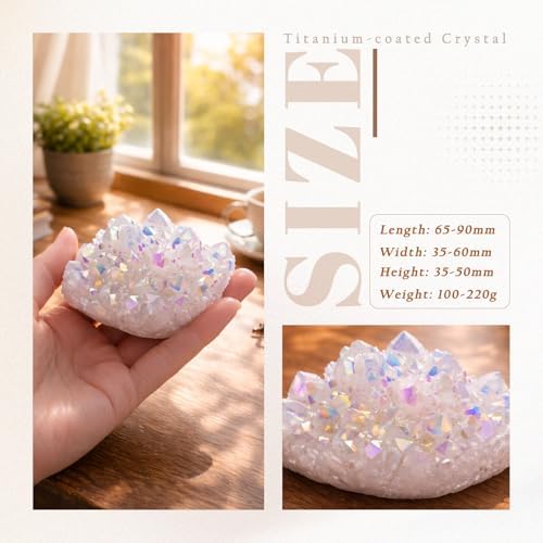 mookaitedecor Titanium Coated Natural Rock Crystal Cluster Geode Stone Specimen, Angel Aura Quartz, 0.22lb-0.44lb