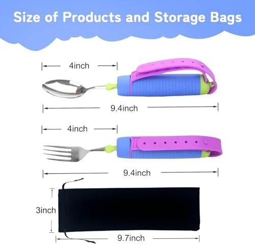 Adaptive Utensils Set, 2pcs Spoons Forks Set for Elderly, Weighted Utensils for Hand Tremors, Arthritis Weakness, and Parkinsons, with Non-Slip Easy Grip Handle, 360 Degree Rotation Rubber Strap