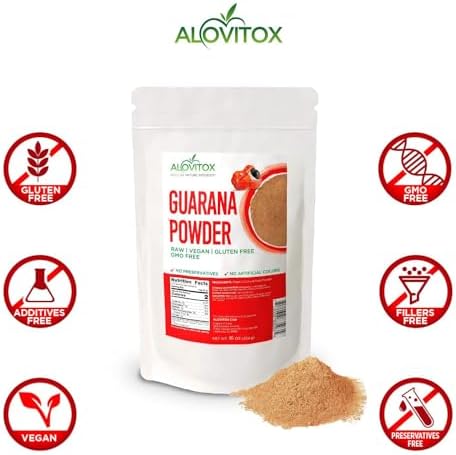 Alovitox Organic Guarana Seed Powder | Raw Guarana Seed Extract, Vegan, Non-GMO & Gluten-Free (Superfood, 65mg of Natural Caffeine per Serving) 8oz/113 Servings