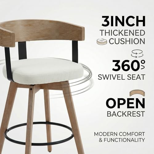 HNY 360° Swivel Bar Stools Set of 2, 26" Seat Height Counter Chairs with Linen White Upholstery Solid Wood Frame & Metal Footrest Modern Kitchen Island Stools for Home Bar & Dining Room