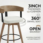 HNY 360° Swivel Bar Stools Set of 2, 26" Seat Height Counter Chairs with Linen White Upholstery Solid Wood Frame & Metal Footrest Modern Kitchen Island Stools for Home Bar & Dining Room