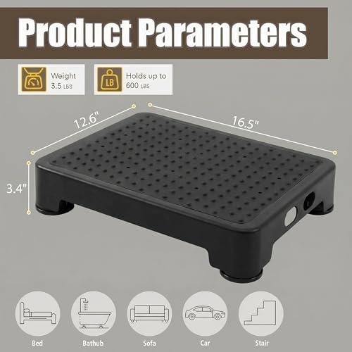 CHIKILLA Step Stool for Elderly & Adults, 600LBS Heavy Duty Mobility Platform, 3.4Inch Low Step for Car High Bed Bathtub&Kitchen, Non-Slip Wide Base Portable Stair Assist, No Assembly Required, Black