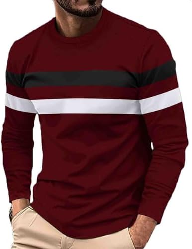 Men's Long Sleeve Tee Shirts Color Block Striped Tee Pullover Casual Round Neck Basic Shirts Fitness Sports Tops