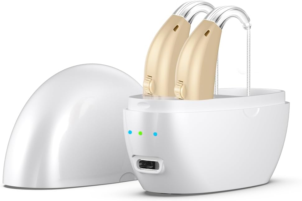 Hearing Aids for Seniors,Rechargeable Hearing Amplifier with Noise Cancelling,Adjustable Volume Control,One Pair Hearing Assist Devices with Charging Box(White)