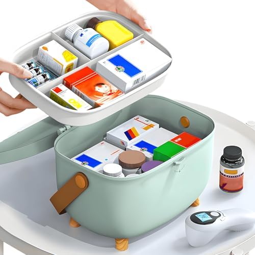 Medicine Storage Box,Portable First Aid Box,Double Layers Medicine Storage Box, Large Capacity Medical Organizer Chest for Home School Office (Light Green)