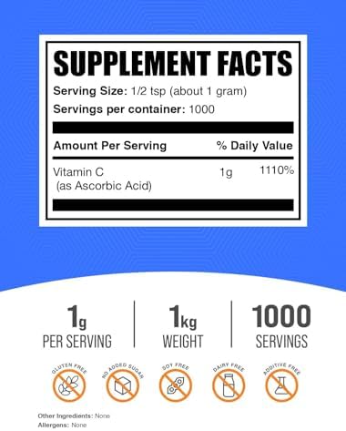 BulkSupplements.com Ascorbic Acid Powder - Vitamin C Supplement, for Immune Support - Ascorbic Acid Food Grade, Gluten Free, 1g per Serving, 1kg (2.2 lbs) (Pack of 1)