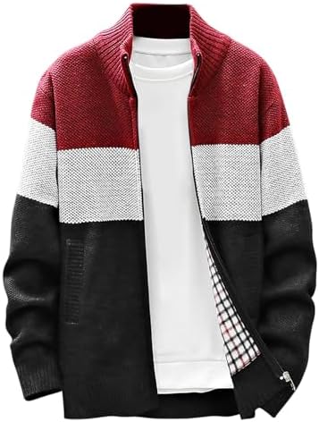 Men's Cardigan Sweaters Knitted Full Zip Collared Regular Fit Jacket Casual Color Block Baggy Winter Warm Coat