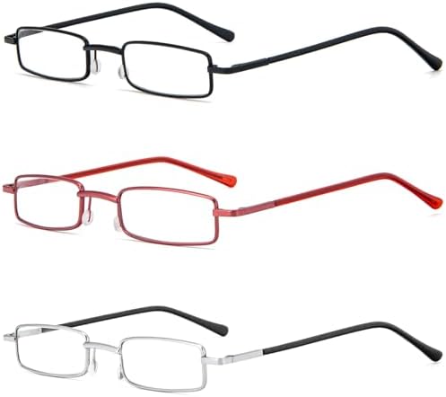 REAVEE 3 Pack Slim Pen Reading Glasses Small Tube Stylish Readers for Women Men Spring Hinged with Portable Clip Case, Black Red Silver 2.5
