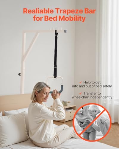 VEVOR Trapeze Bar for Bed Mobility, Height-Adjustable Bed Trapeze with 2 Casters, 350LBS Weight Capacity Heavy Duty Pull Up Trapeze Bar with Floor Stand for Elderly, Disabled, Bedridden Patients