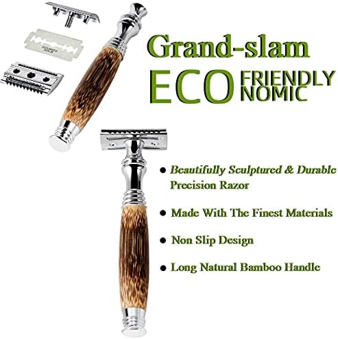 Grandslam Double Edge Safety Razor + 10 Blades Safety Razor with Handmade Long Natural Bamboo Handle Eco Friendly Safety Razors for Women/Men Ladies Shaver