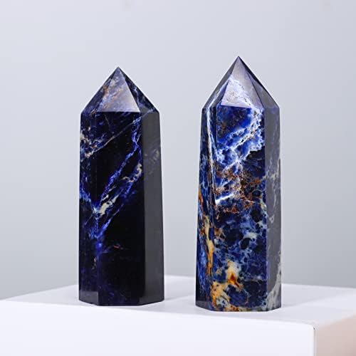Runyangshi Large Sodalite Natural Healing Crystal Wand 4.72"-5" Blue-Veins Stone Quartz Tower 6 Faceted Single Point Crystals Prism Wand for Meditation Reiki Chakra Therapy Home Decor Gift