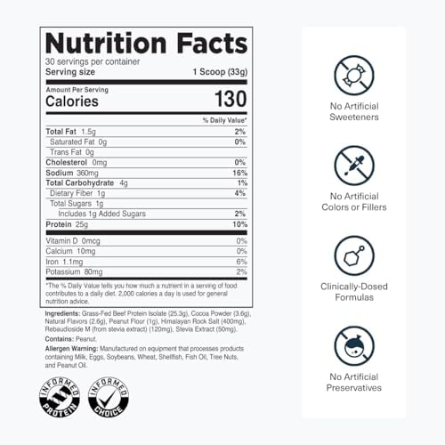 Transparent Labs Grass-Fed Beef Isolate Protein Powder – Naturally Flavored, Dairy-Free Protein with 25g of Protein per Serving for Increased Recovery & Strength - 30 Servings, Chocolate Peanut Butter