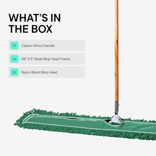 48 Inch Green Commercial Dust Mop & Floor Sweeper – Wood Handle Floor Mop for Tile, Hardwood & Concrete