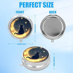 Night Cat Moon Pill Case, Pill Box 3 Compartments Metal Small Pill Holder with Mirror Mini Travel Pill Container for Purse Pocket Women Men