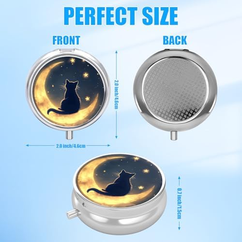 Night Cat Moon Pill Case, Pill Box 3 Compartments Metal Small Pill Holder with Mirror Mini Travel Pill Container for Purse Pocket Women Men