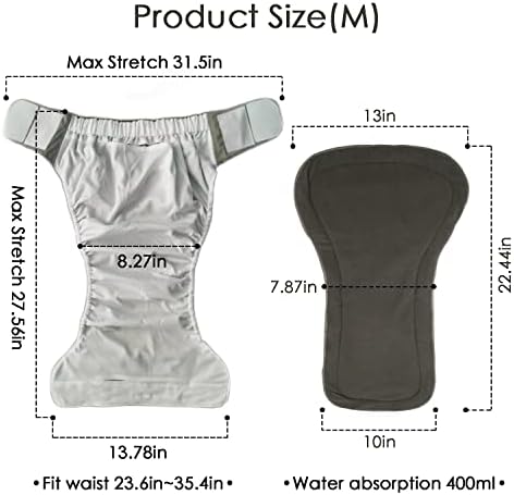 3 Pack Adult Cloth Diapers with Oversized Diaper Inserts, TPU Waterproof Nappy Reusable Washable Elderly Incontinence Care Protection Nappies Underwear for Men or Women, Waist 23.6-35.4 Inches (M)