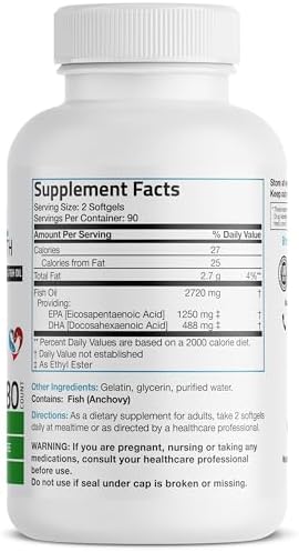 Bronson Omega 3 Fish Oil Triple Strength 2720 mg, High EPA 1250 mg DHA 488 mg, Non-GMO Heavy Metal Tested, 180 Softgels