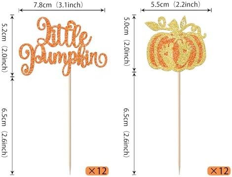Rsstarxi 24 Pack Little Pumpkin Cupcake Toppers Little Pumpkin Baby Shower Decorations Glitter Pumpkin Birthday Cupcake Picks for Pumpkin Fall Baby Shower Party Cake Decorations Orange