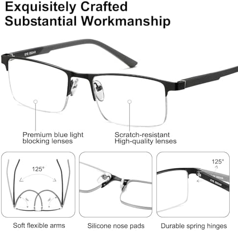 EYECEDAR 5 Pack Premium Blue Light Blocking Reading Glasses Men Metal Half Frame Spring Hinges Computer Readers for Men and Women 2.25