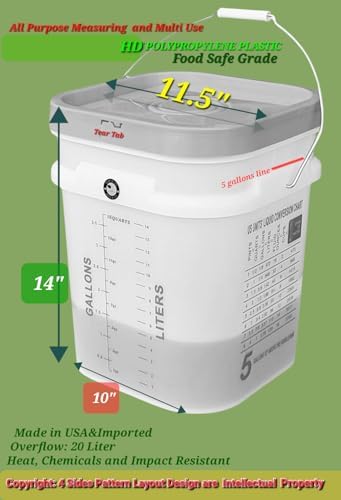 5 Gallon Graduated Measuring Mixing Bucket with Lid Food Grade Heat Chemical & Impact Resistant BPA Free Storage Pail Alloy Handle Heavy Duty Thickened HD Polypropylene Premium Quality FDA Compliant