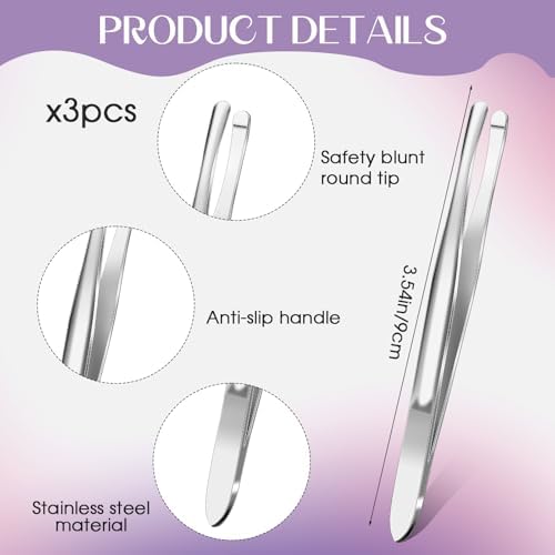 3 Pieces Stainless Steel Round Tip Tweezers Blunt Tip Tweezers Eyebrow Hair Removal Tweezer Makeup Cosmetic Tool Blunt Tips Tool