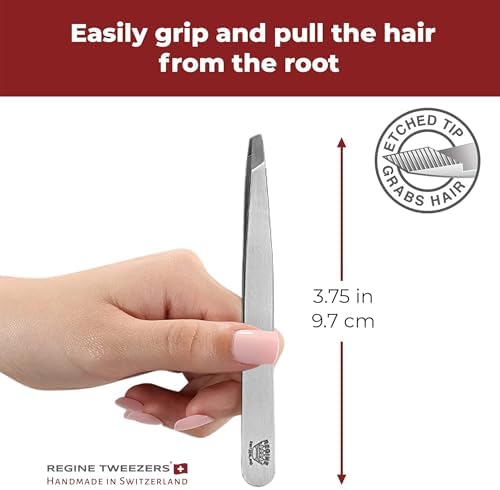 Professional Tweezers Slant Tip - Etched Tip Brow and Eyebrow Tool for Men and Women - Precision Tweezers for Fine Hair, Chin, Lash Extensions - Stainless Steel Handmade Beauty Tool