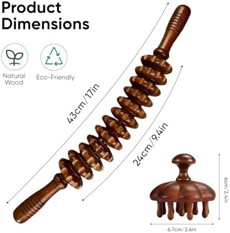 Wooden Massage Tools, Manual Fascia Roller, Cellulite Massage Wooden Muscle Roller Stick for Waist and Thigh, Curved Therapy Massage Roller Tools, Includes Wooden Massage Comb