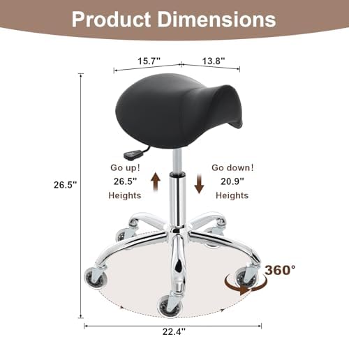 E-Motie Saddle Stool, Ergonomic Saddle Chair with Wheels 450 LBS, Adjustable Height Swivel Salon Stool, Rolling Stool for Home Office Tattoo Massage Clinic Lab Beauty (Black)