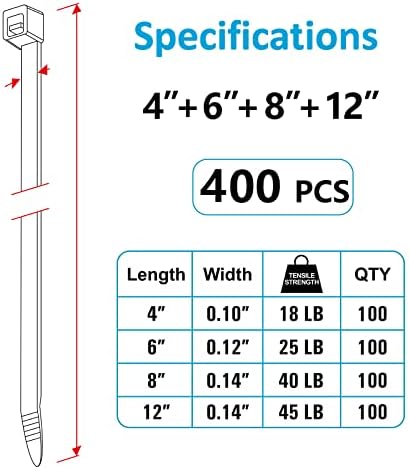 Zip Ties Assorted Sizes(4”+6”+8”+12”), 400 Pack, Black Cable Ties, UV Resistant Wire Ties by ANOSON