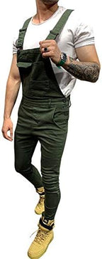 LONGBIDA Men's Denim Bib Overalls Fashion Slim Fit Jumpsuit with Pockets