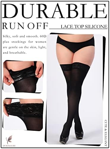 DORALLURE Plus Size Thigh High Stockings Silicone Lace Top Stay Up Silky Pantyhose for Women Hold Up Nylon