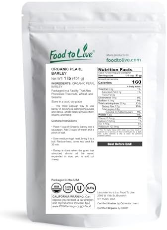 Food to Live Organic Pearl Barley, 1 Pound – Non-GMO, Polished Unhulled Barley, Kosher, Vegan, Bulk. Cooks Faster than Hulled Barley. Rich in Fiber, Selenium. Great for Hot Cereal, Salads, Stews