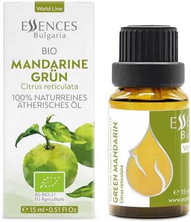 Essences Bulgaria Organic Green Mandarin Essential Oil 0.51 Fl Oz 15ml Citrus reticulata - 100% Pure and Natural Undiluted Therapeutic Grade Aromatherapy Diffuser Humidifier Candle Making Body Oil