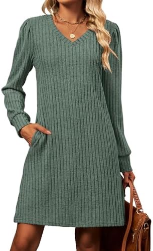 Halife Womens Knit Long Sleeve Fall Dresses Casual V Neck Tunic Sweater Dresses with Pockets